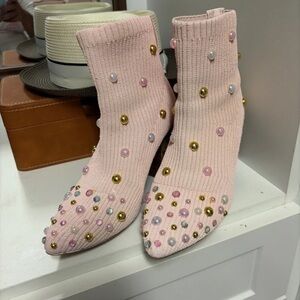 H&M Light Pink Ribbed Sock Ankle Boots with Gold and Pearl Studs